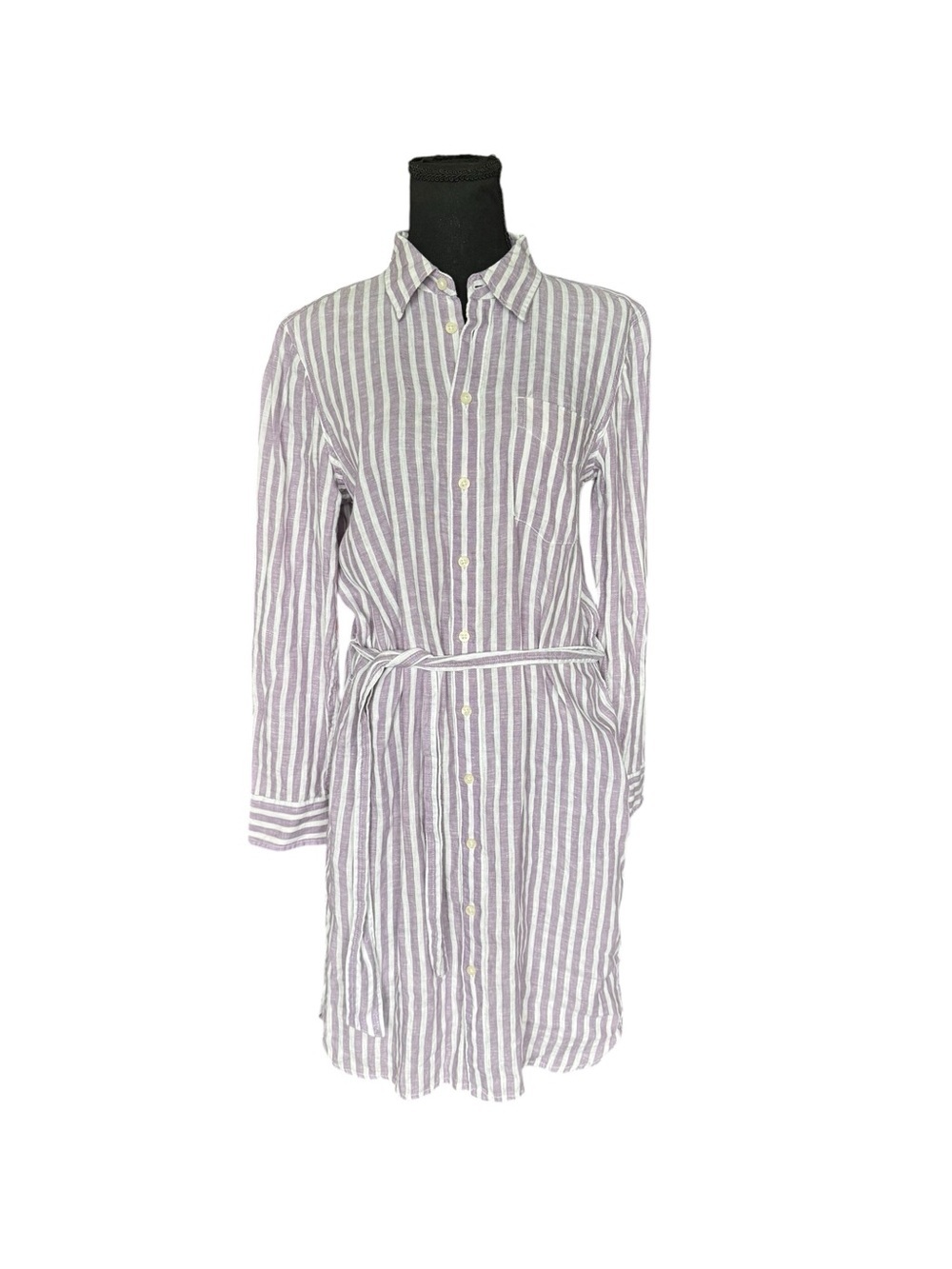 Lauren Ralph Lauren 100% Linen Stripe Belted Shirt Dress Purple White M X32